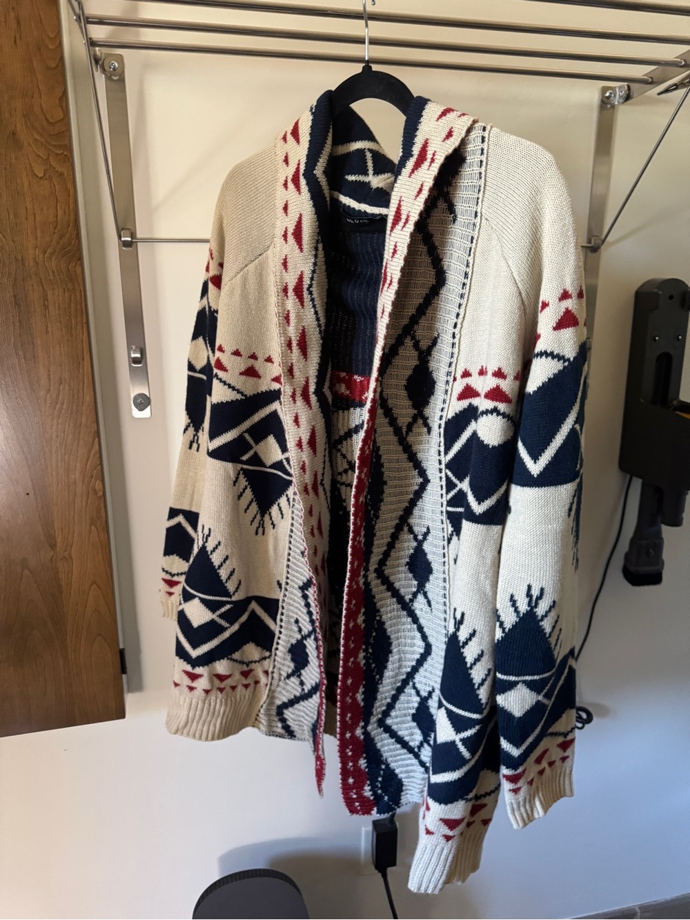 Aztec Knit Cardigan Sweater - Cream/Navy/Red